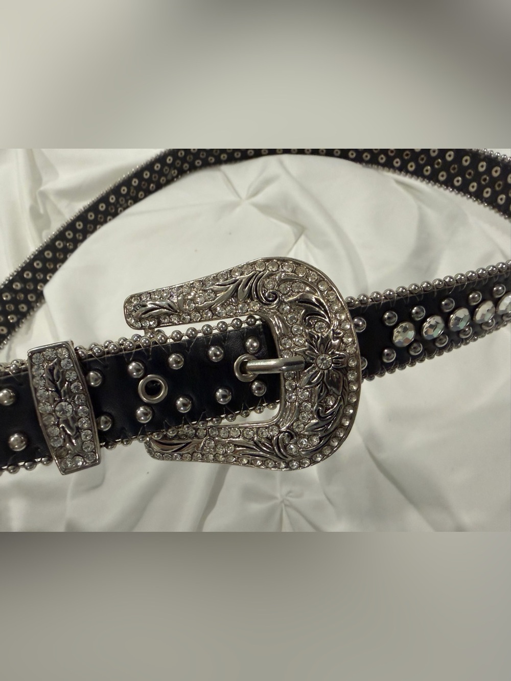 Women’s Western Rhinestone Studded Belt – Black & Silver – Size 38 - Picture 3 of 7